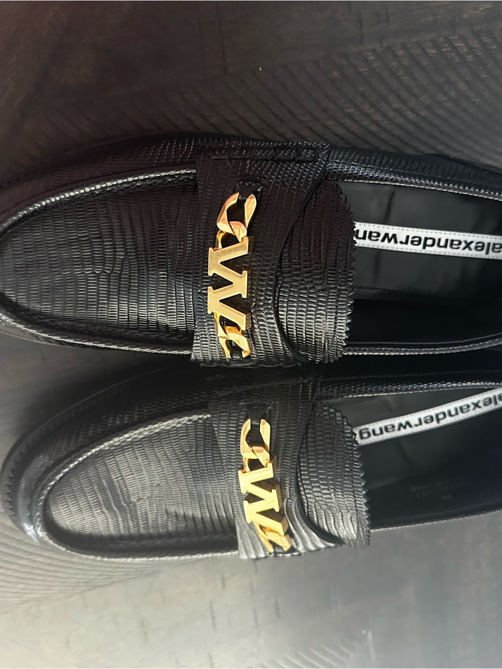 Alexander Wang Black Textured Leather Loafers with Gold Logo